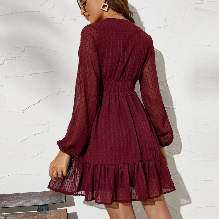 Oh Polly Red Long Sleeve Dress Solid Color Casual V-Neck Mid-Sleeve Dress  Wine Red,