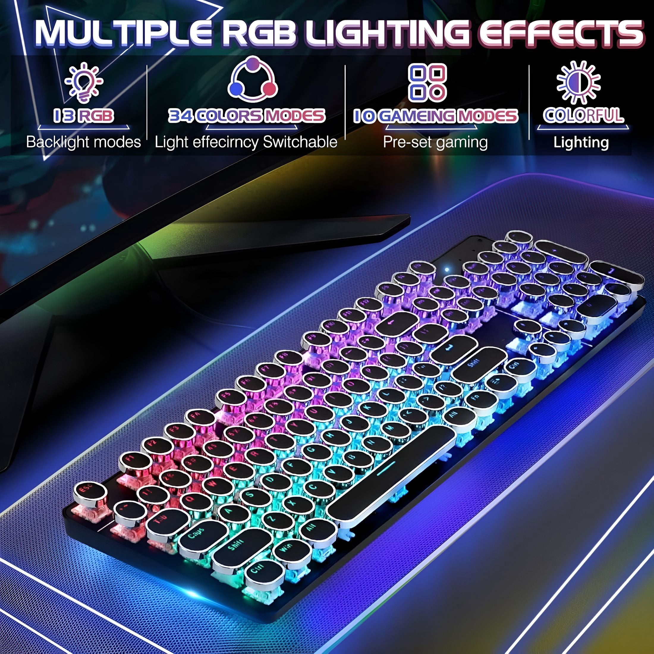 GJX Typewriter Style Mechanical Gaming Keyboard RGB Backlit Wired with Blue Switch Retro Round Keycap 104 Keys Keyboard