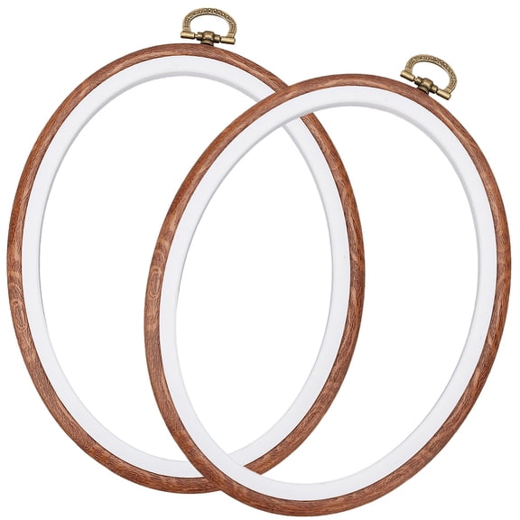 2Pcs Oval Embroidery Hoop Vintage Plastic Imitation Wooden Stitch Ornaments Alloy Hanging Ring Display Decorative Frame Walnut Embroideried Quilting Hoops