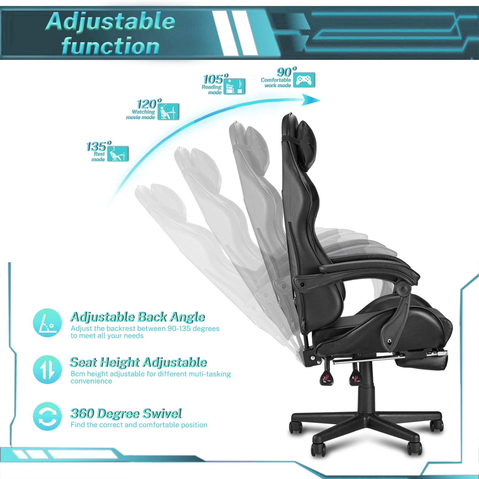 Luxvie Gaming Chair with Footrest High Back Office Chair with Headrest&Massage Lumbar Support Swivel Ergonomic Gaming Chair for Adults, Black