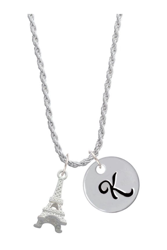 Silvertone 3-D Eiffel Tower Silvertone Script Initial Disc - K - Charm Necklace, 20"+3"