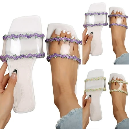 

Aayomet Slippers for Women Indoor And Outdoor Women Slippers Summer New Pattern Fashion Transparent Lace Square Toe Open Toe Green 8.5