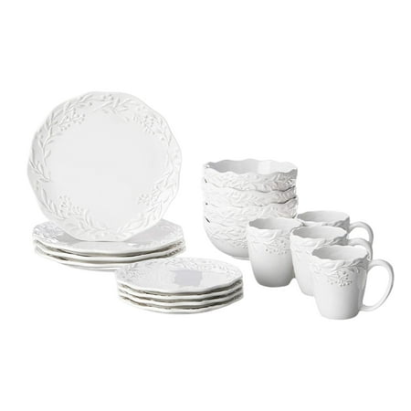 

Holiday Round Dinner Cutlery Set - 16 pieces Ceramic (use 4 people) Dinner salad Plate 4 bowls and 4 mugs - Gift ideas for special occasions White