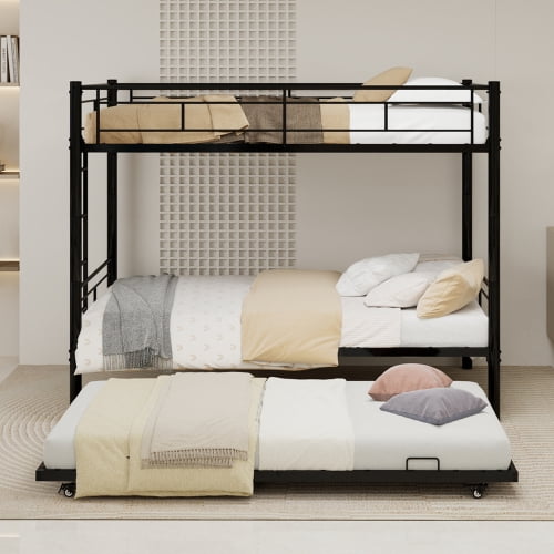 Leumius Twin over Twin Bunk Bed with Trundle,Heavy Duty Metal Bed Frame with Sturdy Guardrail and Ladders,Triple Bunk Bed,Separates Into 3 Twin Beds,Black