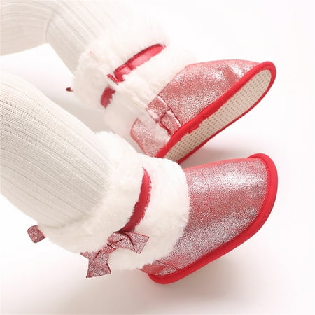 Baby Sweetie Newborn Girl Winter Snow Boots Warm Shiny Flats with Cute Bows Cold Weather Baby Walking Shoes