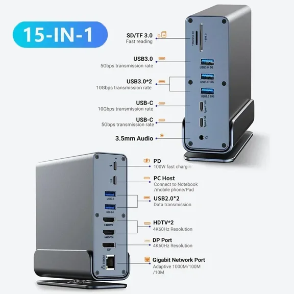 15 in 1 USB C Docking Station 4K HD Vertical Hub with Triple Monitor RJ45 1000M,USB 3.0/2.0,PD,SD/TF,Audio 3.5 for Laptop PC