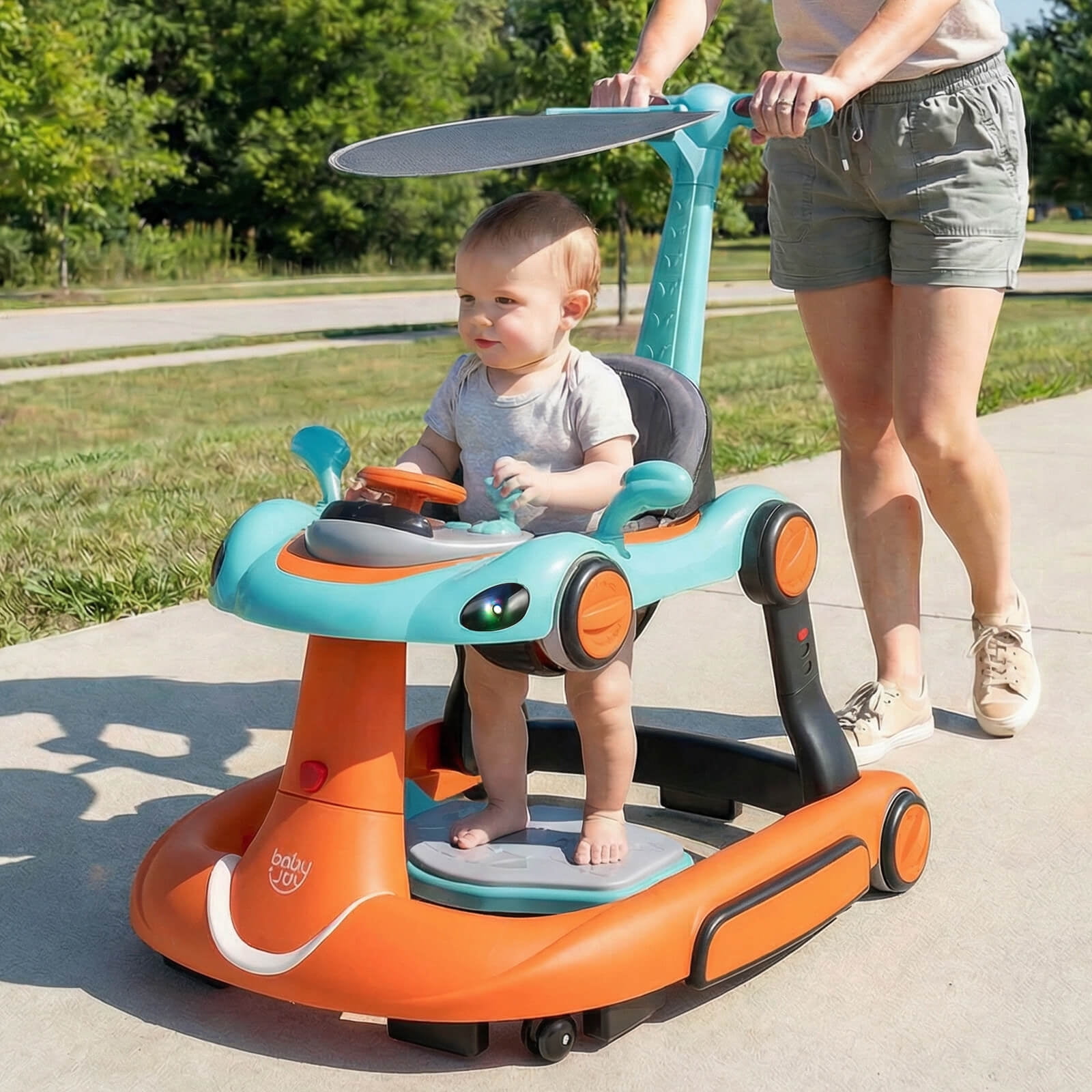 Babyjoy 6-in-1 Baby Walker with Canopy, Music, Lights, Speed/Height Adjustment & Wheels Green + Orange