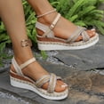 thumbnail image 3 of Espadrilles for Women Straw Braided Strappy Wedge Sandals Casual Summer Beach Shoes Open Toe Ankle Strap Platform Wedges Silver Size 6, 3 of 8