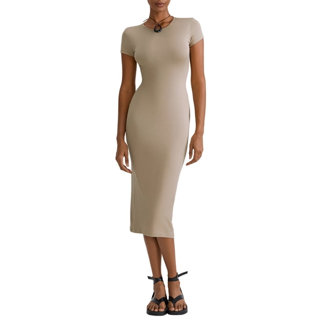 Gupgi Robe T-Shirt pour Femme Décontractée d'Été une Pièce Couleur Unie à Manches Courtes Coupe Ajustée Basique Midi