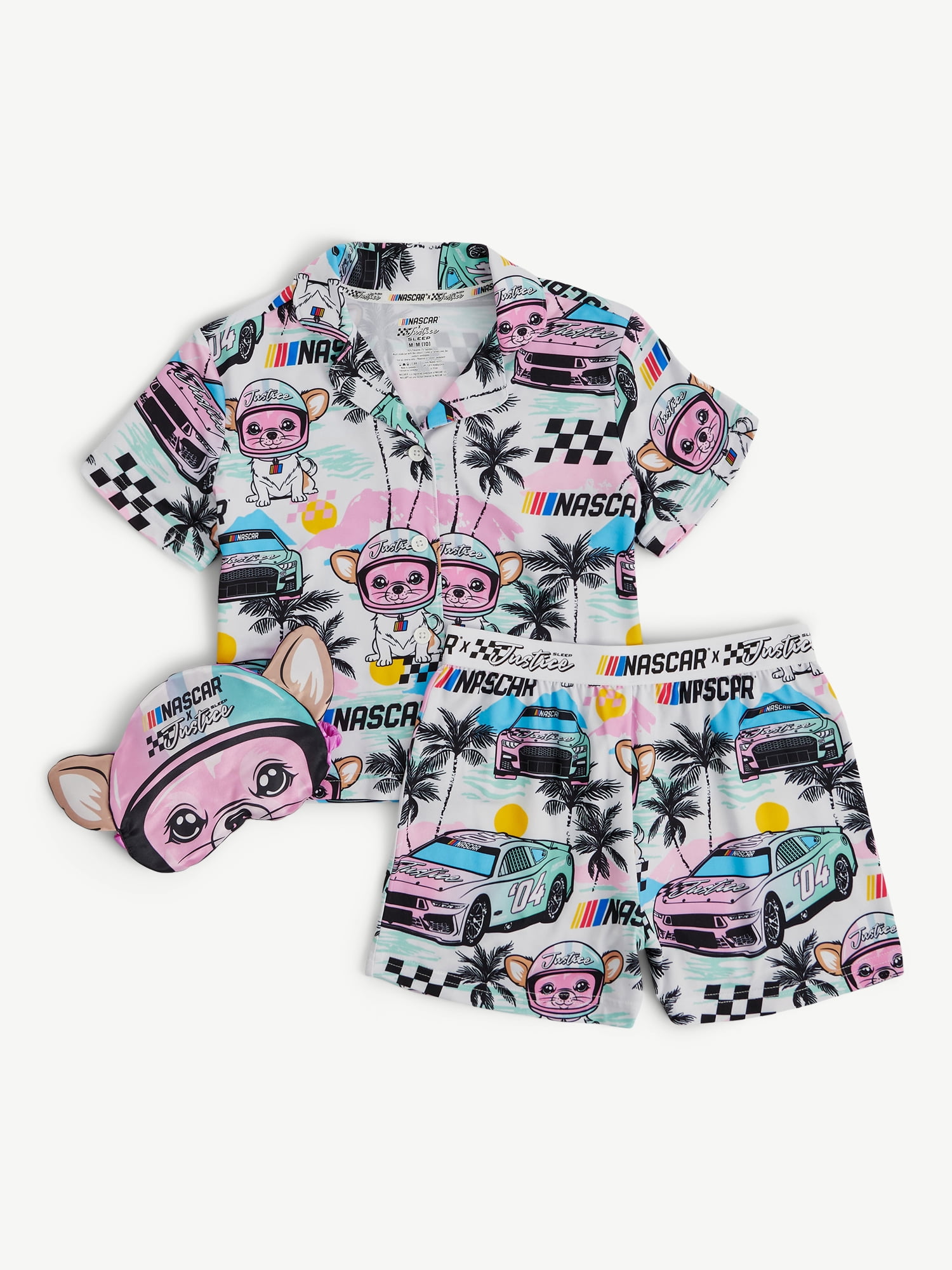 Justice Girls x Nascar Short Sleeve Button Top, Shorts and Eye Mask Pajama Set, 3-Piece, Sizes 5-18