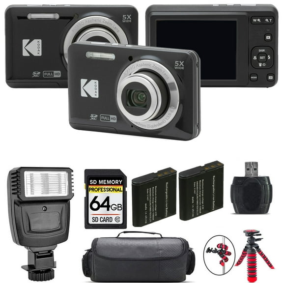 Kodak PIXPRO FZ55 Digital Camera (Black)   Extra Battery   Flash - 64GB Kit