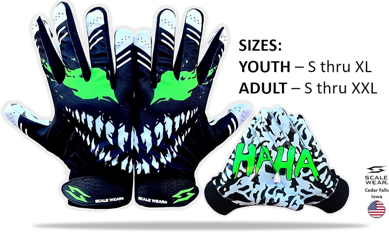 Scale Wear Design Toxic Venom Football Receiver Gloves - Tacky Sticky Grip Skin Tight Adult Pro Elite Super Performance Youth Man Boy Men Sizes (Black-Green, Youth - S)