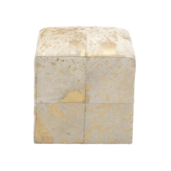 Leather Patchwork Pouf With Gold Foil Accents, 19 x 19 x 17