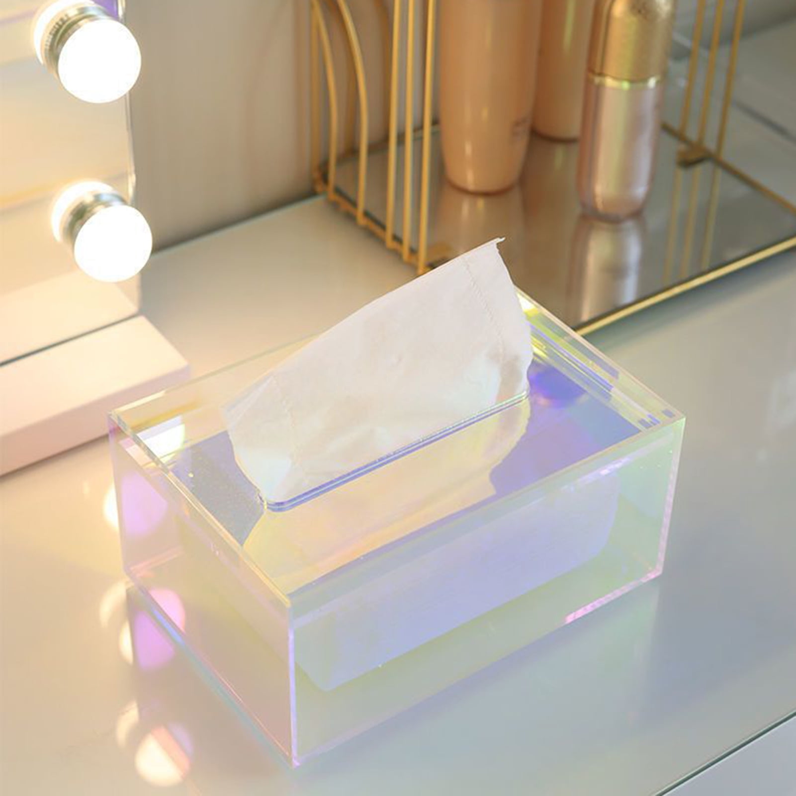 JANGSLNG Iridescent Acrylic Storage Box with Hollow Handle Heavy Duty Multi-functional Large Capacity Desktop Makeup Tray Basket Organizer Tissue Holder