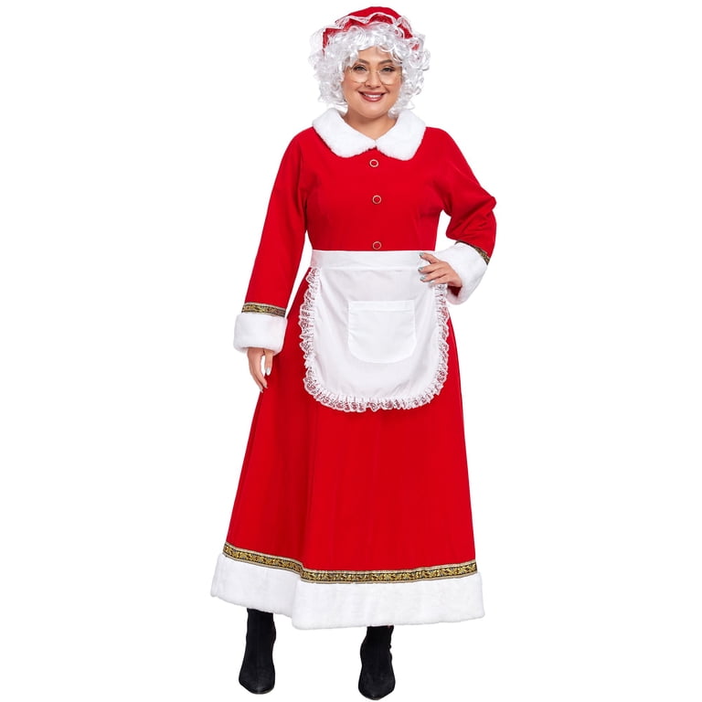 Womens Mrs Santa Claus Long Sleeve Cosplay Costume Christmas Fancy Dress Outfits, L