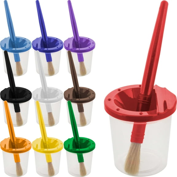 U.S. Art Supply 10 Piece Children's No Spill Paint Cups w/ Colored Lids & 10 Piece Large Round Brush Set w/ Wood Handles