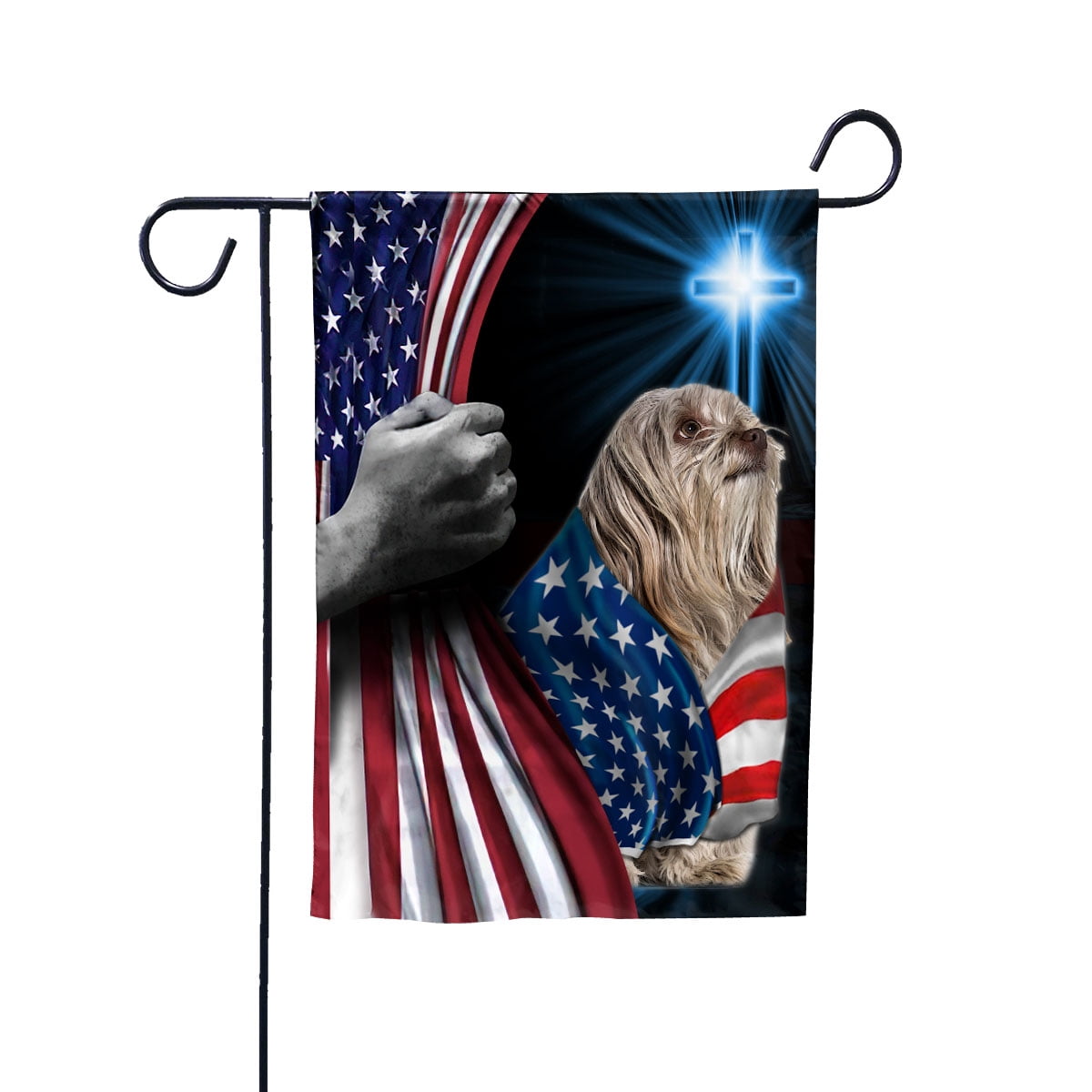 Hand Pulling USA Flag Shih Tzu Dog Wearing Flag American Standing under Cross Christian Patriotic House Flag (3x5) Double Sided- Premium Polyester-Decorative Indoor Outdoor Flag