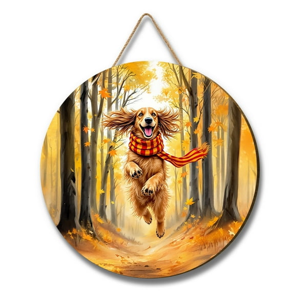 Welcome Fall Afghan Hound Strolling Through the Autumn Maple Forest Round Wood Sign Dog Lover Hanging Wall Home Decor - 12012