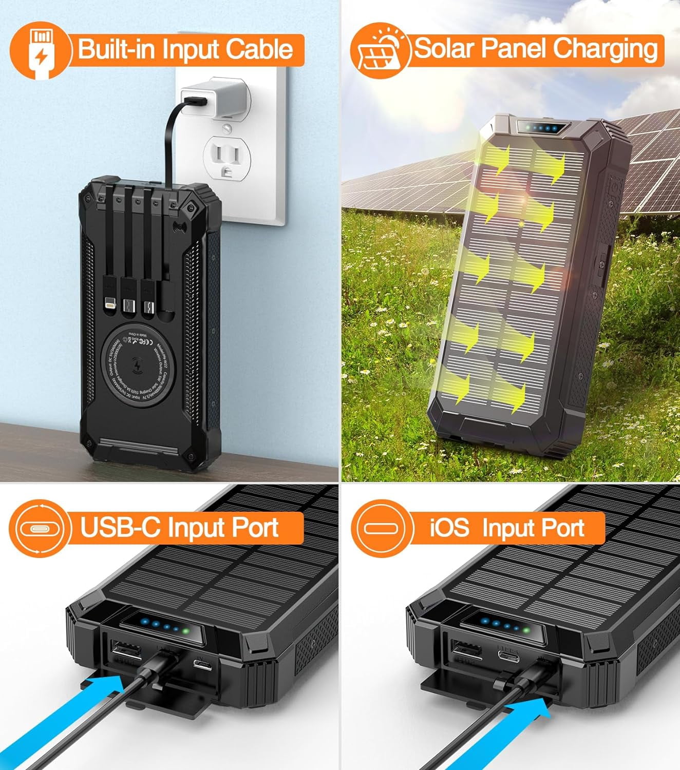36000mAh Solar Power Bank, 15W Fast Charging, Wireless, 4 Built-in Cables, 6 Outputs, Dual Flashlights, and Carabiner – Compatible with All Mobile Devices