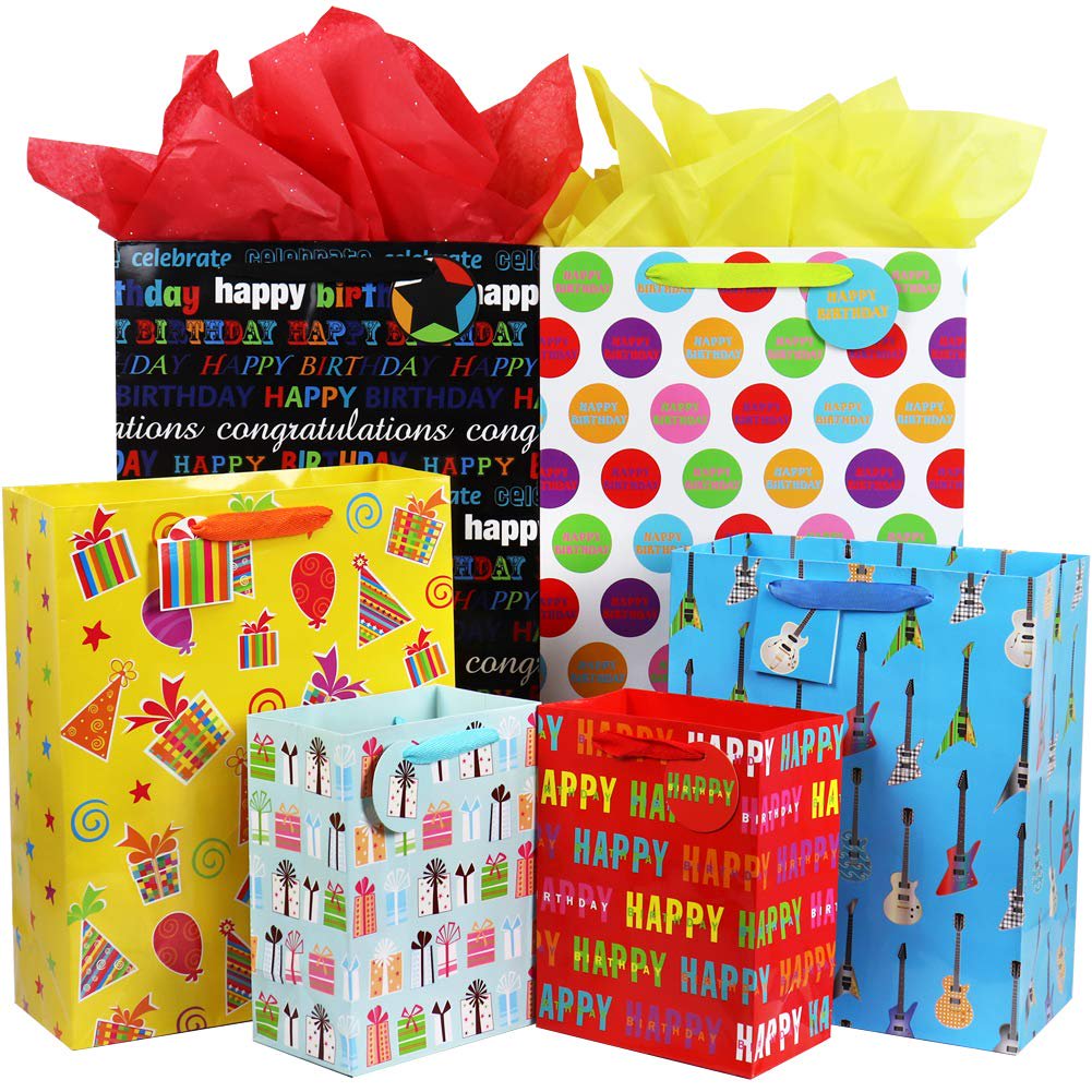 Assorted Paper Gift Bags with Ribbon Handles 12 Pack XL Large Medium Sizes 6 Designs