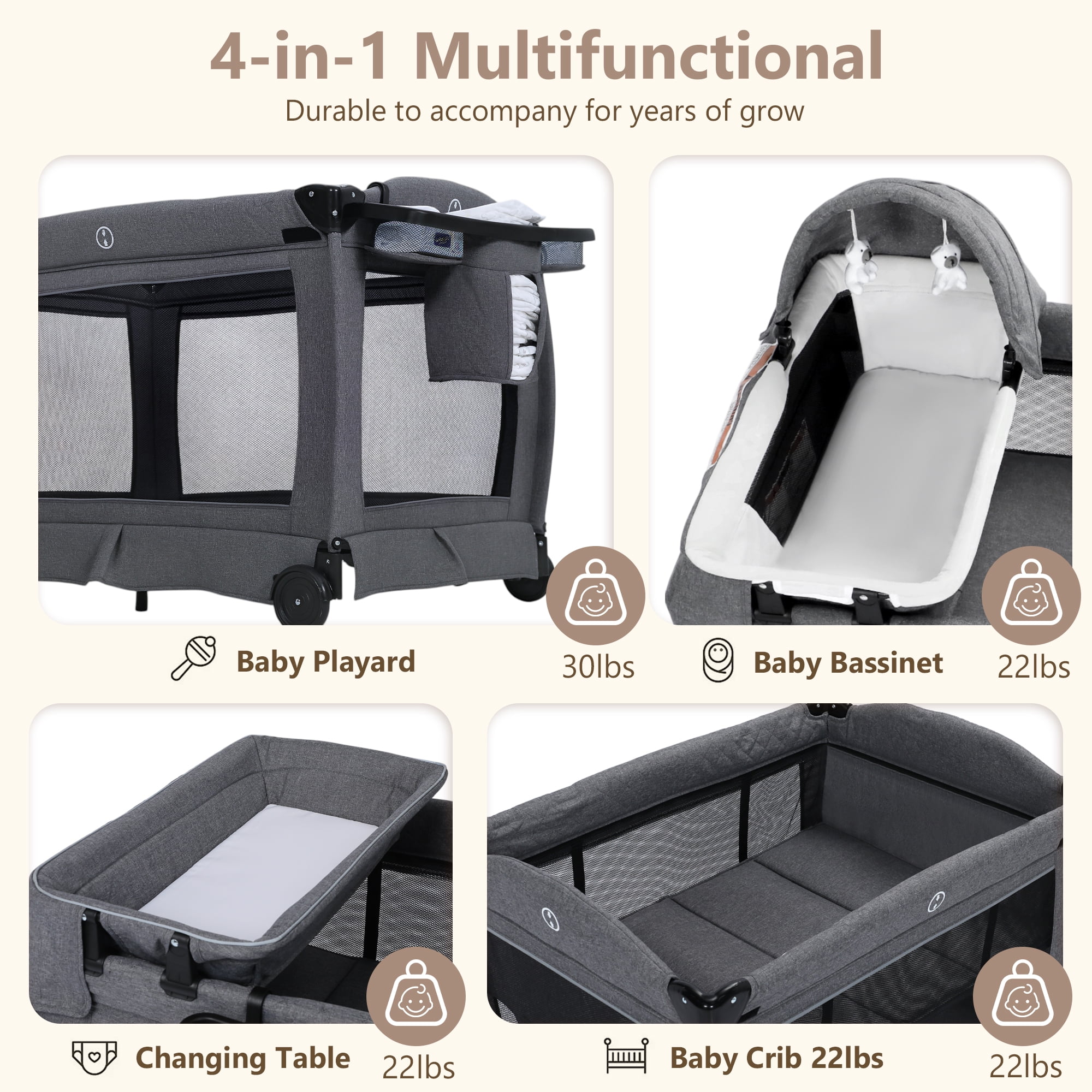 LINLUX Pack and Play w/ Bassinet & Changing Table, Baby Playard for Toddler, Newborn Crib Baby Bed,Gray