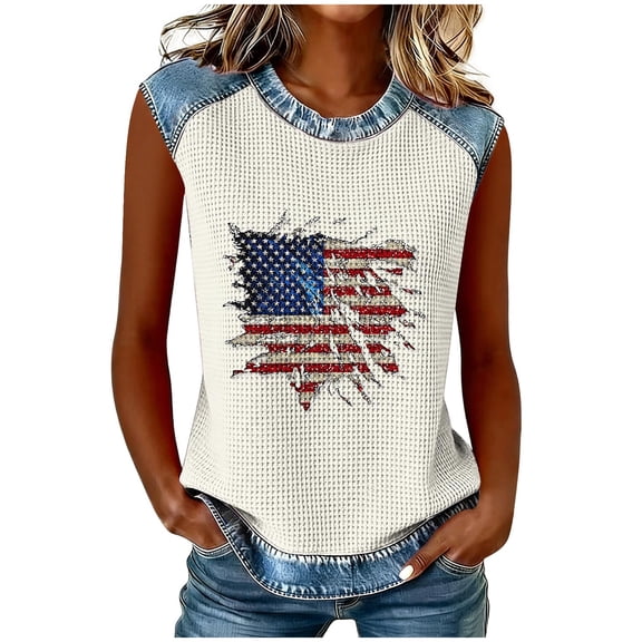 Lopecy-Sta Tank Tops for Women American Flag Print Sleeveless Tops Casual Patriotic Tees