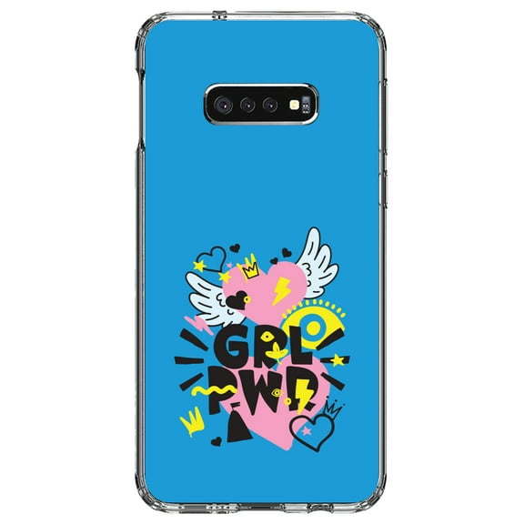 DistinctInk Clear Shockproof Hybrid Case for Samsung Galaxy S10e (5.8" Screen) - TPU Bumper, Acrylic Back, Tempered Glass Screen Protector - Girl Power - GRL PWR - Pink, Blue, Yellow