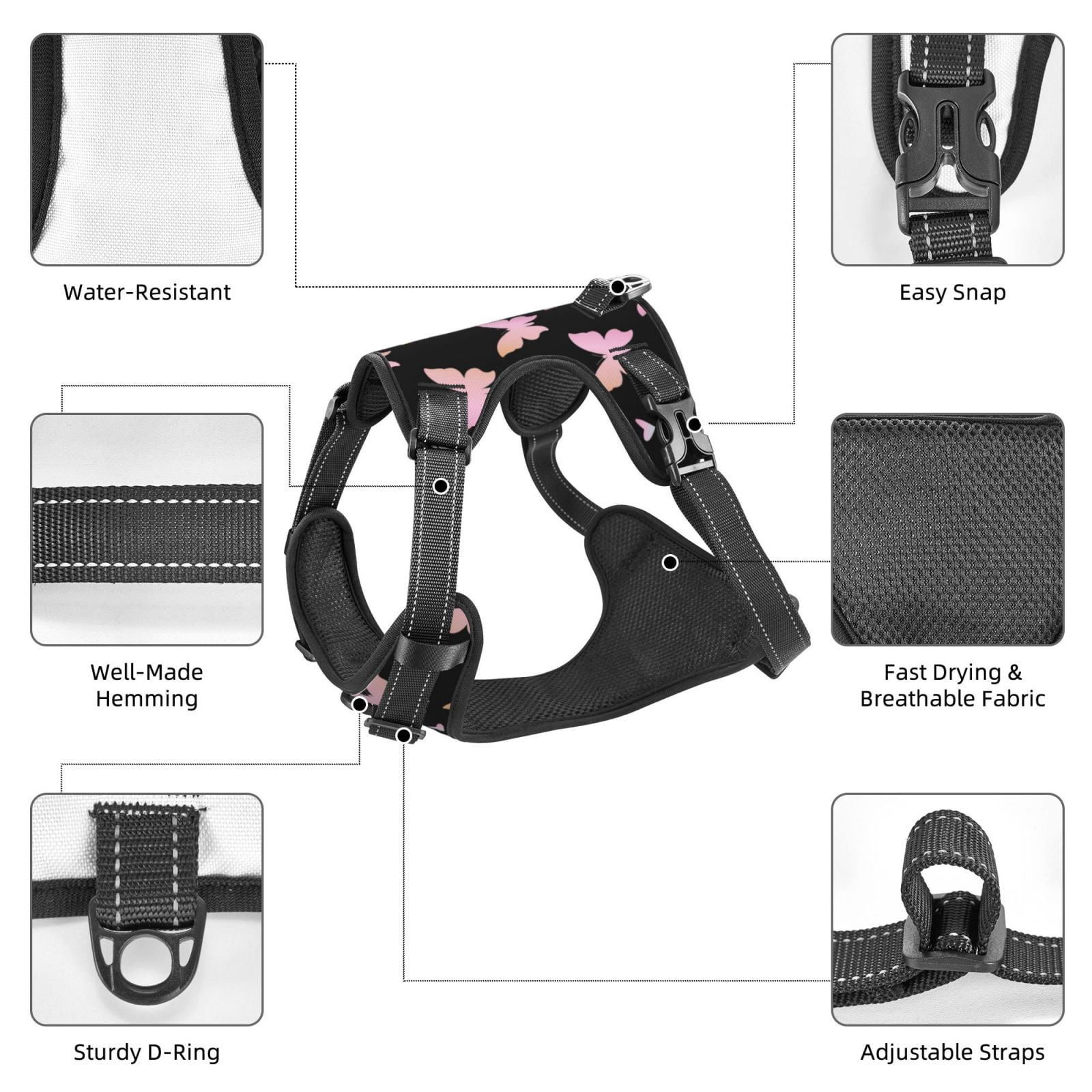 Kdxio Gradient Butterfly Print No Pull Dog Harness Adjustable Reflective Oxford Easy Control Medium Large Dog Harness for Training and Everyday-X-Large