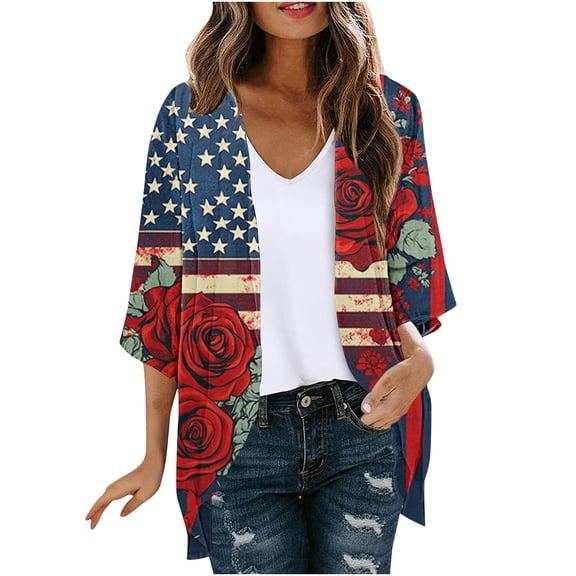 Abomasnow Women's Plus Size Jackets Independence Day Long Sleeve V-Neck Printed Cardigans Casual Soft Lightweight Coats