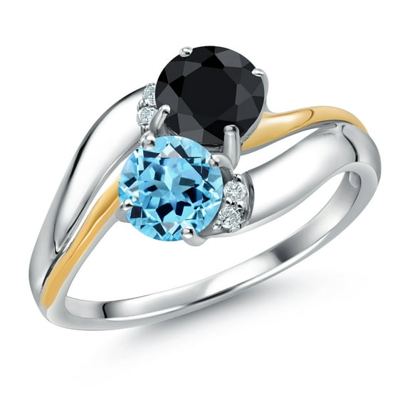 Gem Stone King 925 Sterling Silver and 10K Yellow Gold Swiss Blue Topaz Black Sapphire 2 Stone and Lab Grown Diamond Accent Ring for Women (1.37 Cttw, Gemstone November Birthstone, Size 7)