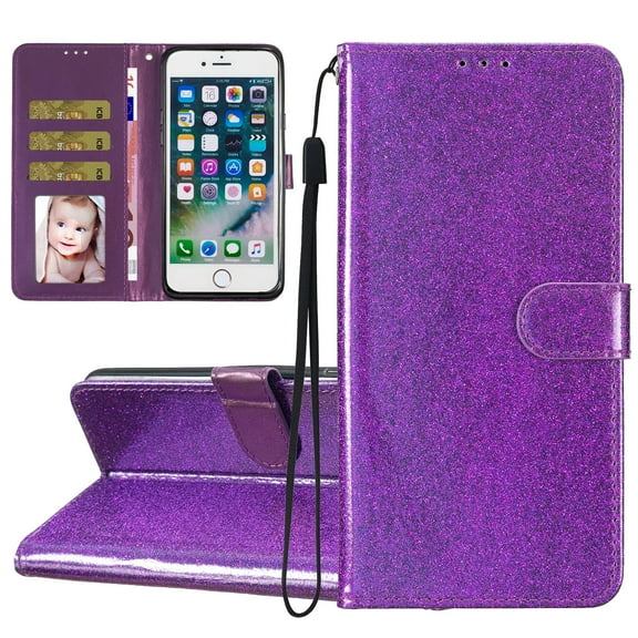 For iPhone 7 / 8 / SE 2020 / SE 2022 Wallet Case Bling Shiny Premium PU Leather with RFID Blocking Card Slots Holder Magnetic Flip Kickstand Shockproof Wrist Strap Cover, Purple