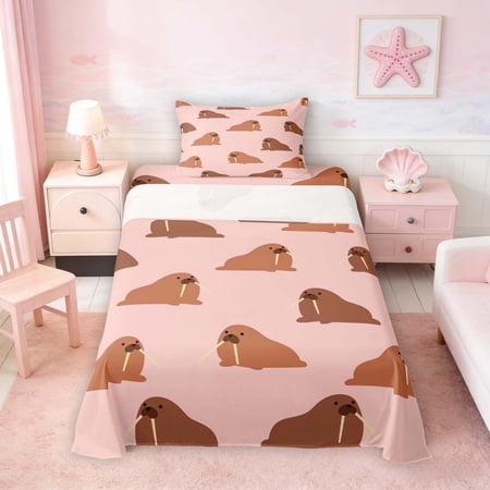 Manfei Cartoon Walrus Twin Sheet Sets for Kids Boys and Girls Arctic Animal Bedding 3 Pieces 1 Flat Sheet 1 Fitted Sheet and 1 Pillowcase