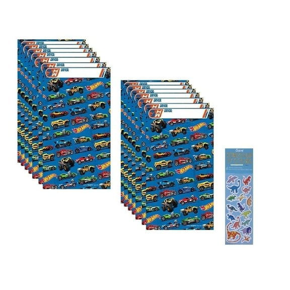 Hot Wheels Birthday Party Supplies Bundle Pack includes 16 Plastic Party Favor Loot Bags 6.5" x 9" and 1 Dinosaur Sticker Sheet