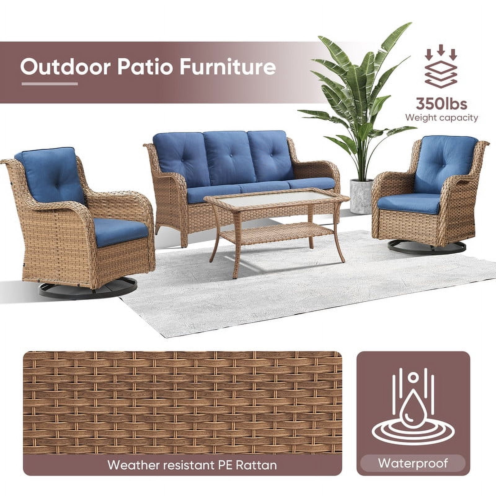 PARKWELL 4 Pieces Outdoor Patio Furniture Set Wicker Rattan Swivel Glider Chairs Cushioned Sofa Coffee Table All-Weather Conversation Sectional with Anti-Slip Cushions for Balcony