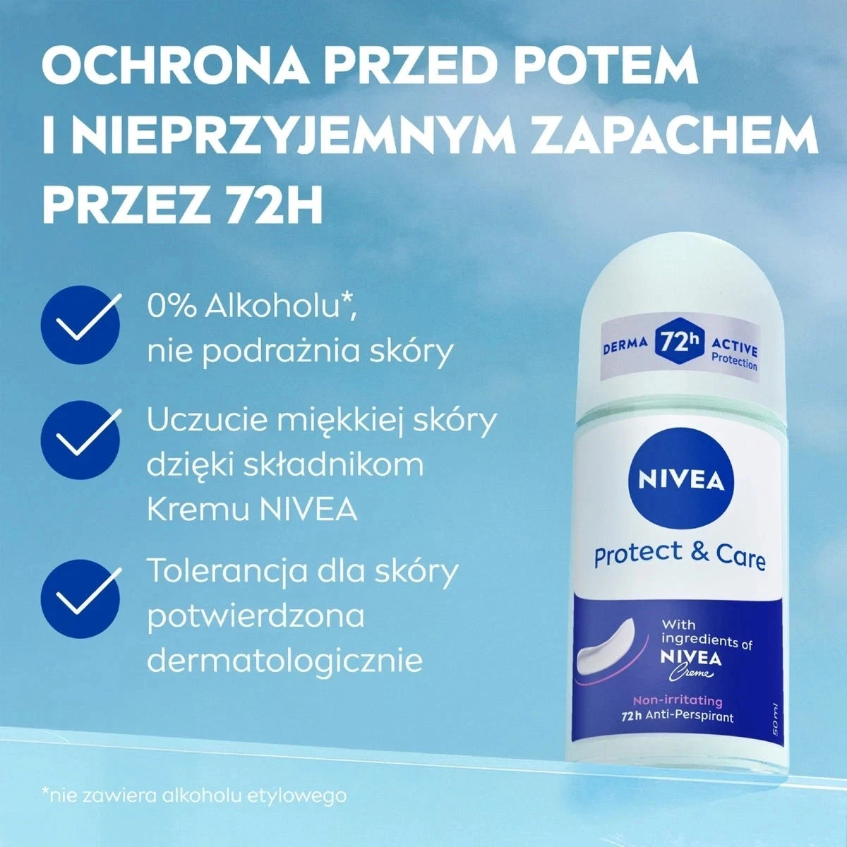 NIVEA Protect & Care Roll-On Deodorant, 72H Protection, 0% Alcohol