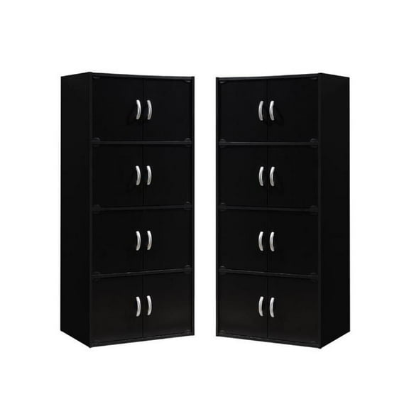 Home Square 4 Shelf 8 Door Wooden Bookcase Cabinet Set in Black (Set of 2)