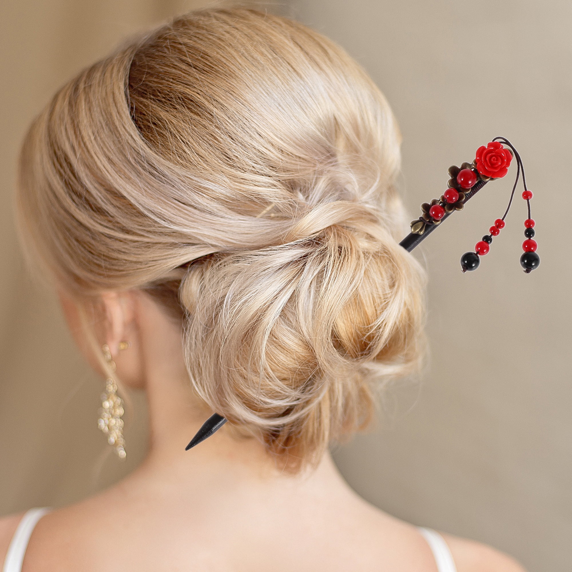 Unique Bargains Hair Chopstick for Women Black Red 1 Pc [Flower Beads Tassel]