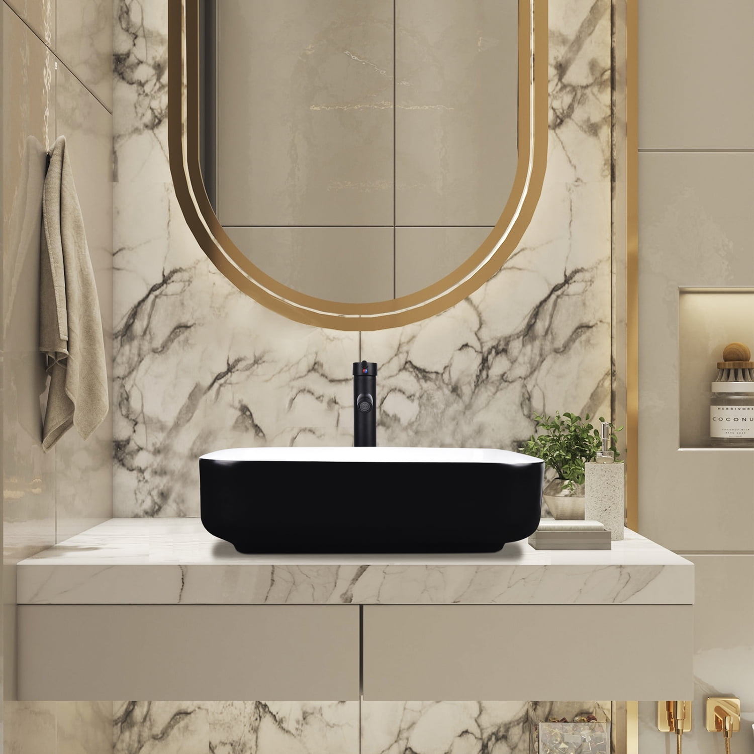 FULLWATT Ceramic Bathroom Vessel Sink with Faucet Combo with Overflow Bowl Square Basin Black and White