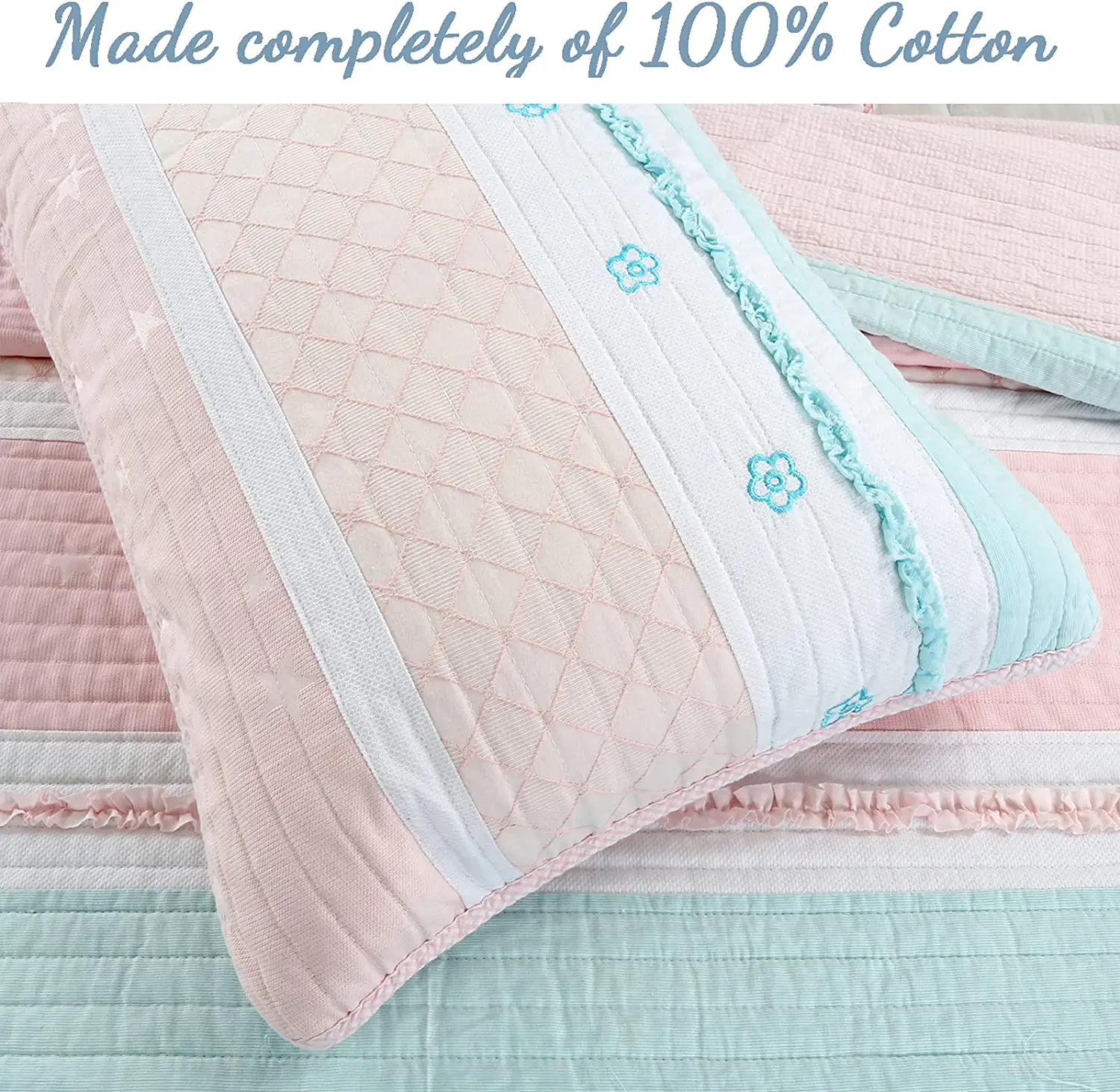 Cozy Line Light Pink Blue Ruffles Girl 100% Cotton 2 Piece Reversible Quilt Bedding Set, Candy, Twin
