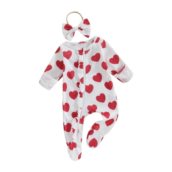 Baby Girls Outfit, Long Sleeve Crew Neck Heart Print Zipped Footies Jumpsuit and Headband Valentines Day Clothes