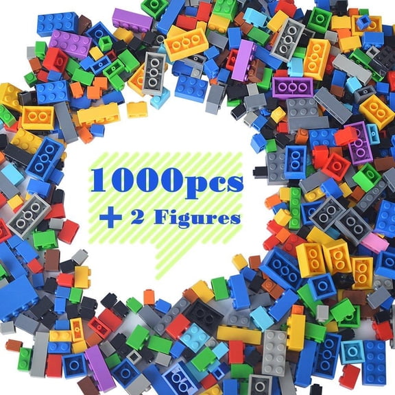 Building Bricks Compatible with Legos - 1000 Pieces Bulk Building Blocks Educational Building Toys for Kids in Random Color and Mixed Shape, Includes 2 Figures