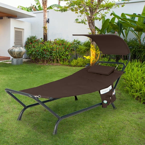 Costway Patio Hanging Chaise Lounge Chair with Canopy, Cushion, Pillow & Storage Bag Brown