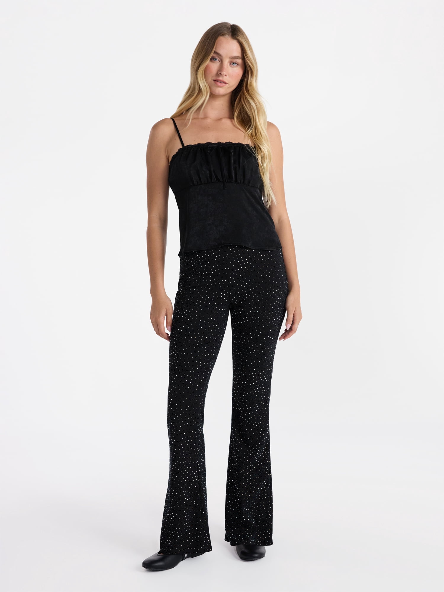 No Boundaries Faux Rhinestone Studded Ribbed Flare Pants, 31'' Inseam, Women's