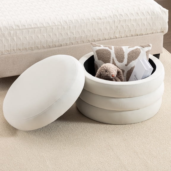 Timbernest Ottoman with Storage, Velvet Round Footstool with Wooden Shelving, Ivory