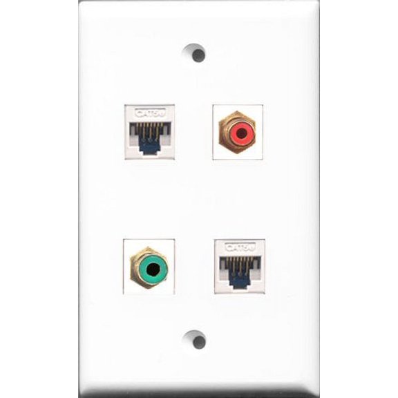 RiteAV 1 Port RCA Red and 1 Port RCA Green 2 Port Cat5e Ethernet White Wall Plate