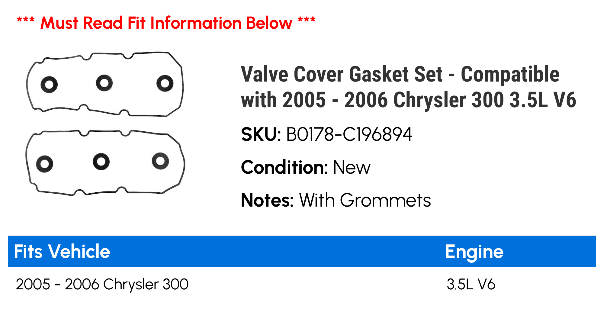 Valve Cover Gasket Set - Compatible with 2005 - 2006 Chrysler 300 3.5L V6