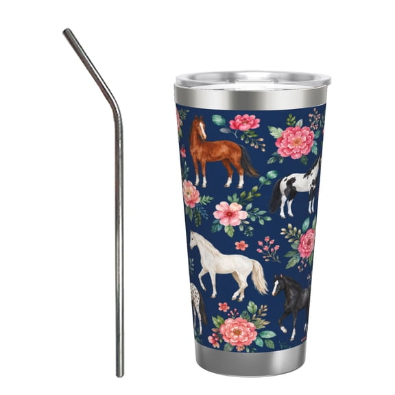 20oz Horse Floral Tumbler Insulated Car Cup Travel Coffee Cup Equestrian Gift for Women with Stainless Steel Straw