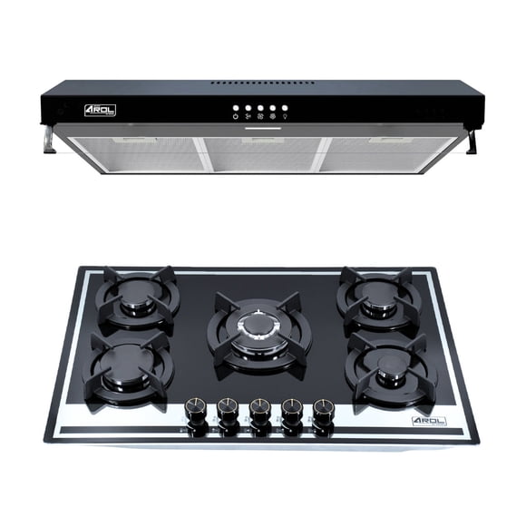 Combo Parrilla Y Campana Slim Premium AROL 80 Cm Bitono Negro Espejo | Parrilla 5 Quemadores Vidrio Templado Y Campana Extractora 80W 200 m³/h Con Filtros Lavables E Iluminación LED
