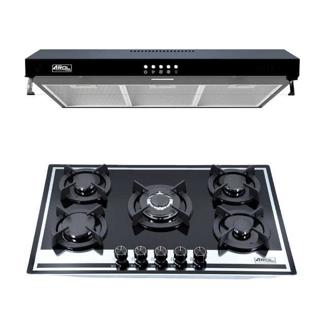 Combo Parrilla Y Campana Slim Premium AROL 80 Cm Bitono Negro Espejo | Parrilla 5 Quemadores Vidrio Templado Y Campana Extractora 80W 200 m³/h Con Filtros Lavables E Iluminación LED