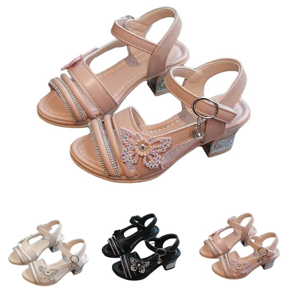 SGFCWSX Girls Dress Sandals Kids Rhinestone Butterfly Ankle Strap Low Heel Open Toe Wedding Party Shoes Pink Size 1 Big Kids